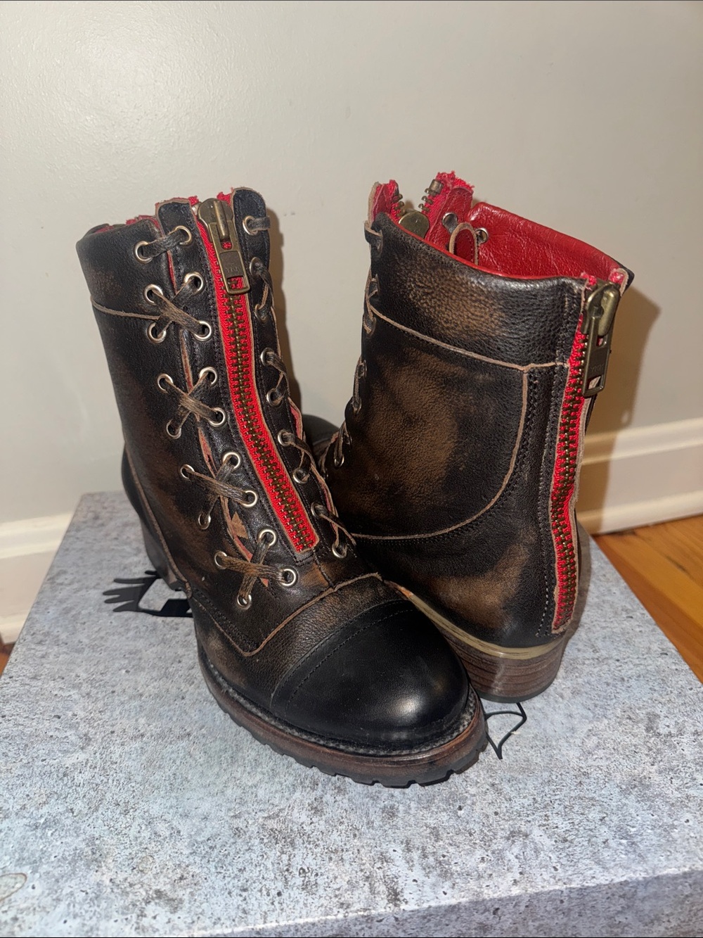 Freebird by Steven Black and Red Lace-Up Combat Boots